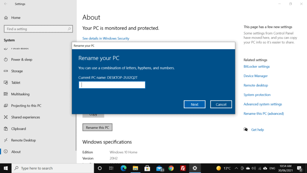 how to change device name windows 10