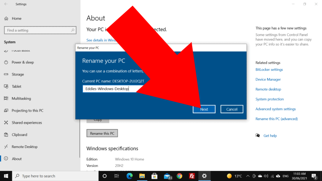 how to change pc name on windows 10