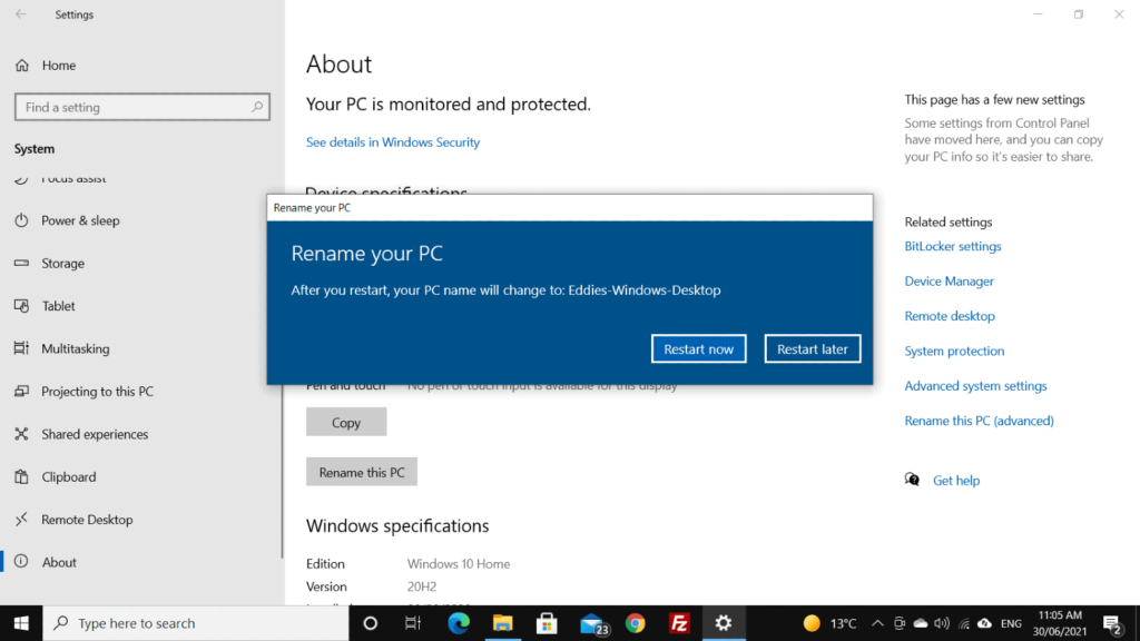 how to change the computer name in windows 10
