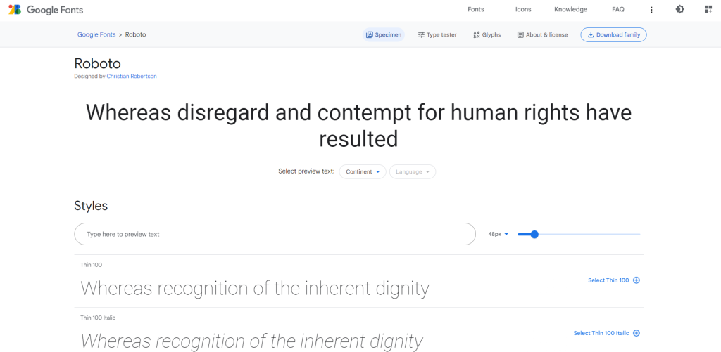 Roboto on Google Fonts